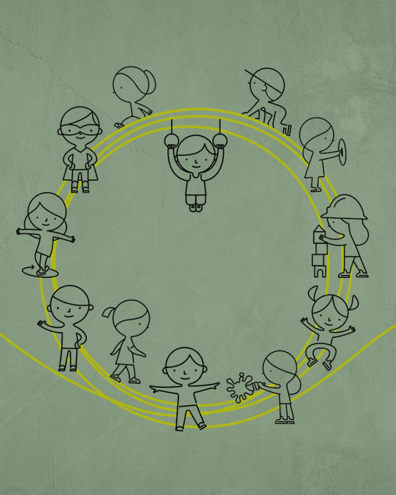 Graphic of HAGS play icons of children around a big green circle, representing diversity of play experiences.